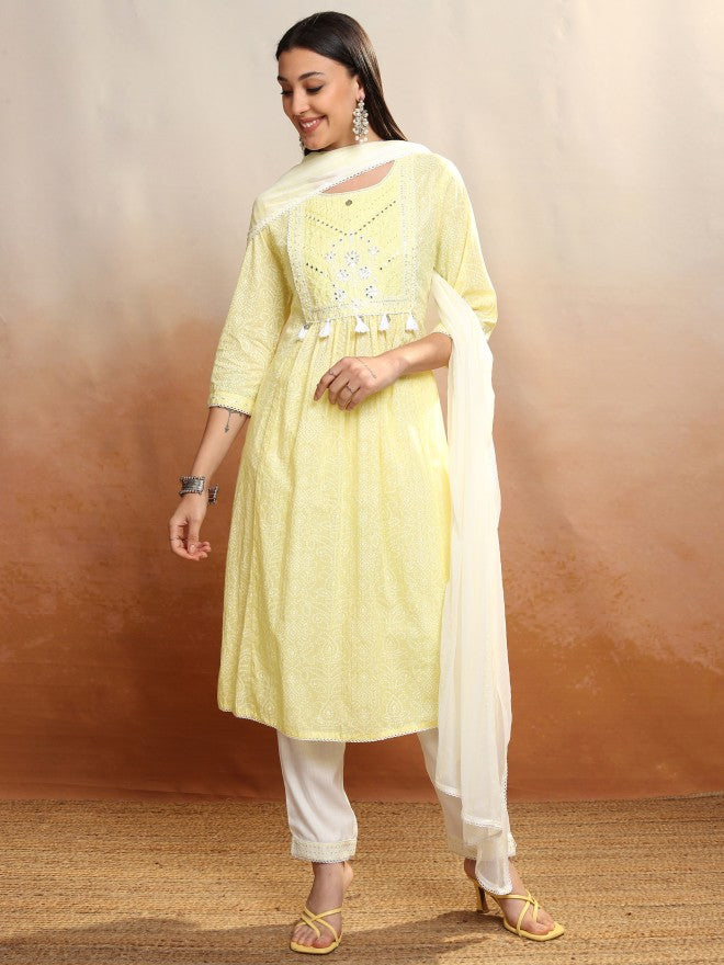 Vishudh Women Yellow Embroidered Kurta With Trouser And Dupatta - Yellow - Image 2