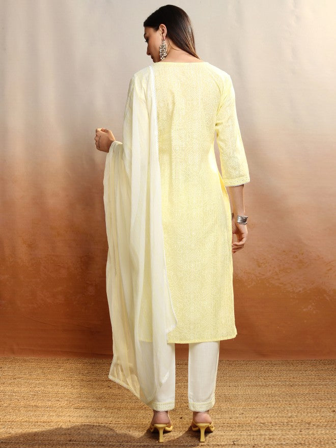 Vishudh Women Yellow Embroidered Kurta With Trouser And Dupatta - Yellow - Image 3