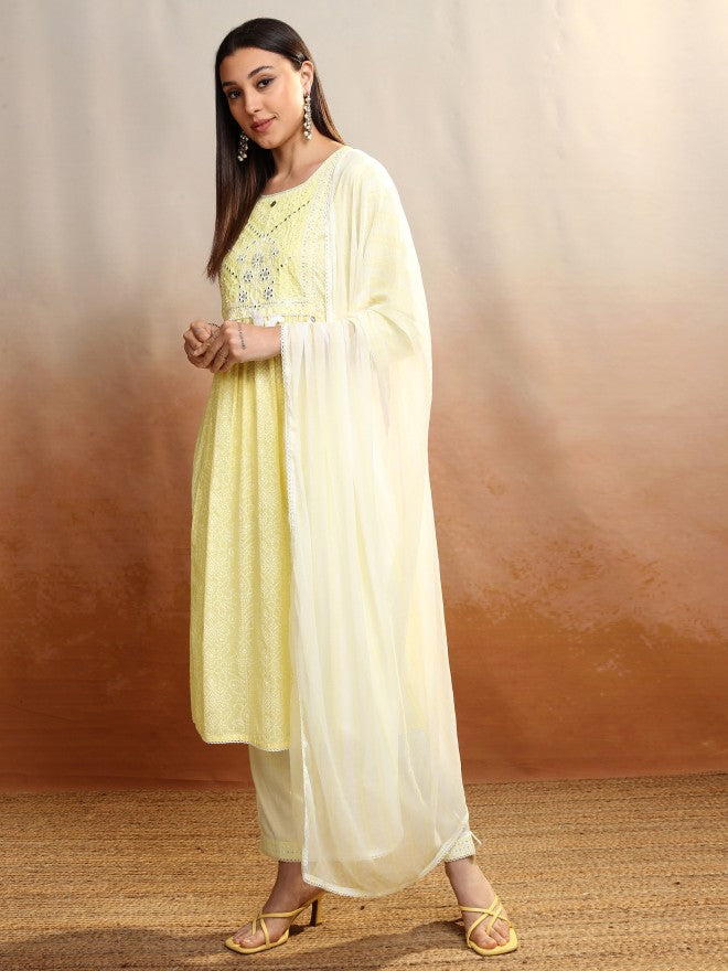 Vishudh Women Yellow Embroidered Kurta With Trouser And Dupatta - Yellow - Image 4