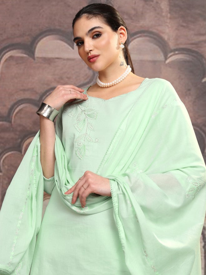 Vishudh Women Green Embroidered Kurta With Trouser And Dupatta - Green - Image 1