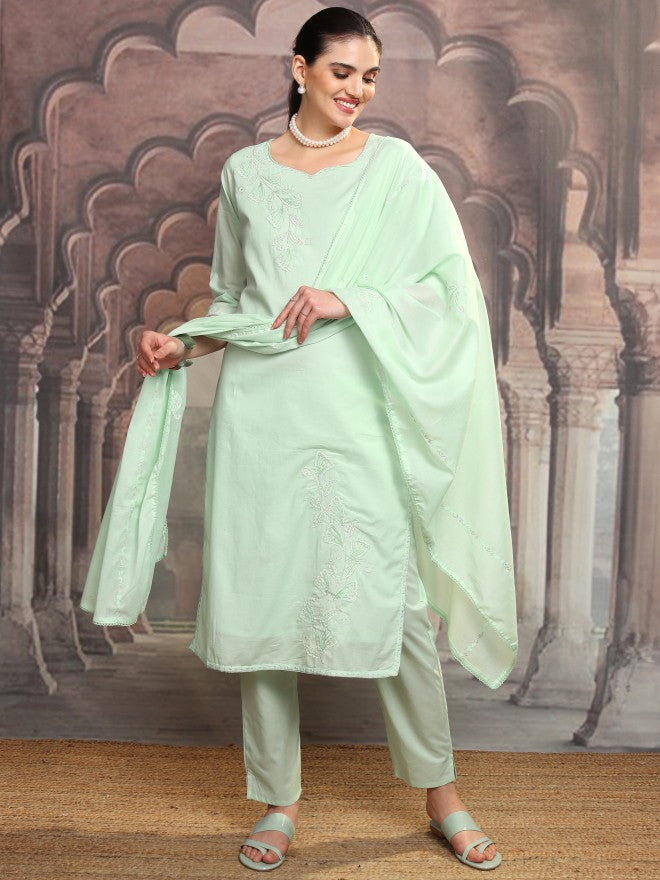 Vishudh Women Green Embroidered Kurta With Trouser And Dupatta - Green - Image 2