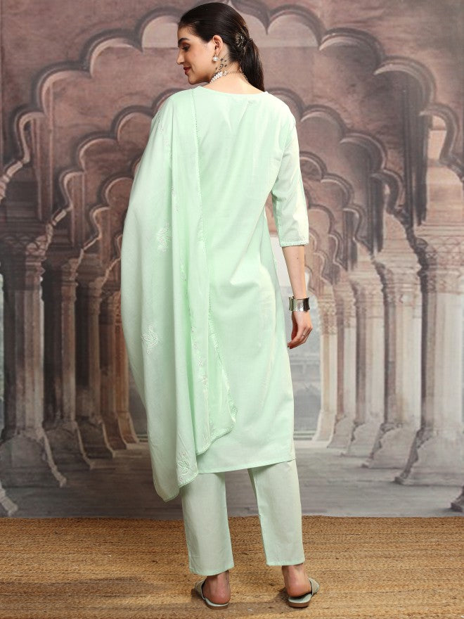 Vishudh Women Green Embroidered Kurta With Trouser And Dupatta - Green - Image 3