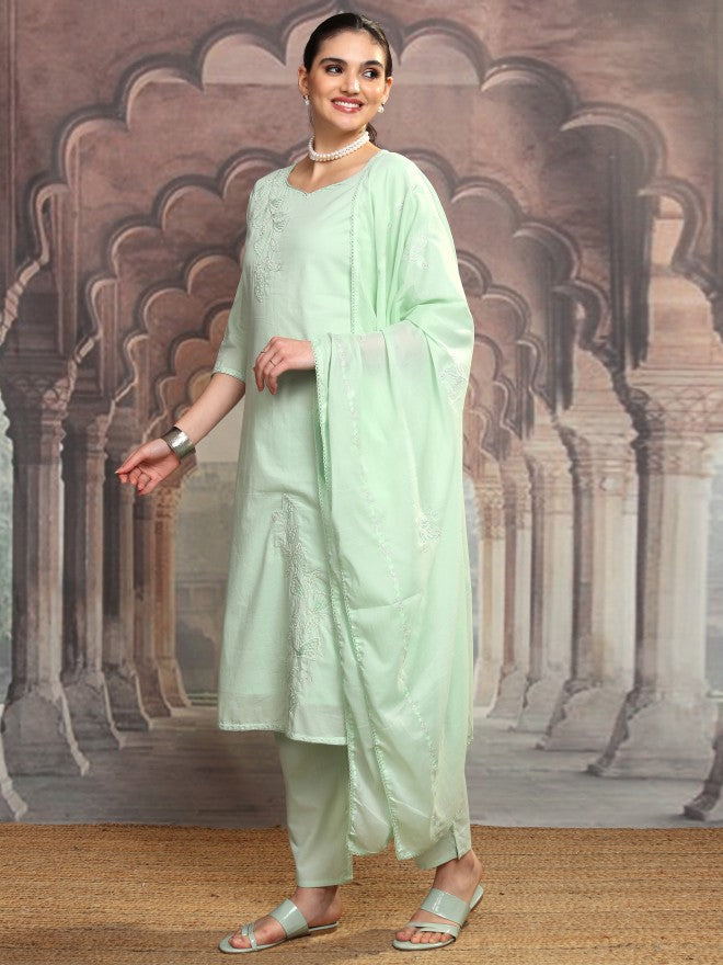 Vishudh Women Green Embroidered Kurta With Trouser And Dupatta - Green - Image 4
