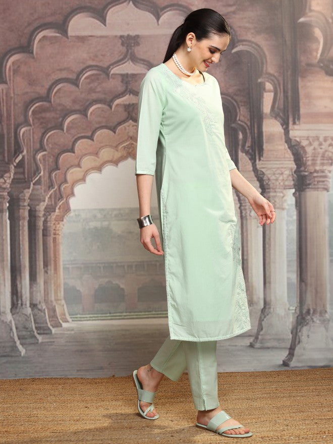 Vishudh Women Green Embroidered Kurta With Trouser And Dupatta - Green - Image 6