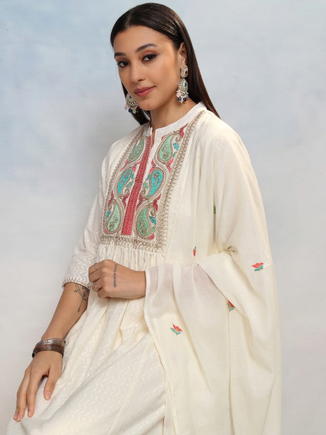 Vishudh Women White Embroidered Kurta With Trouser And Dupatta - White - Image 1