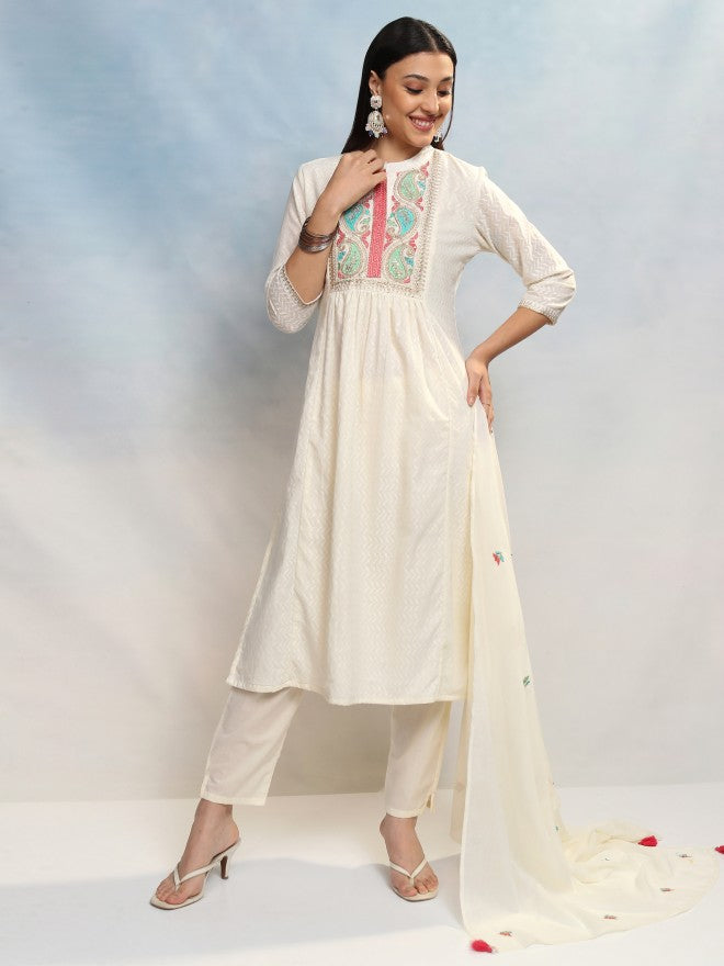 Vishudh Women White Embroidered Kurta With Trouser And Dupatta - White - Image 2