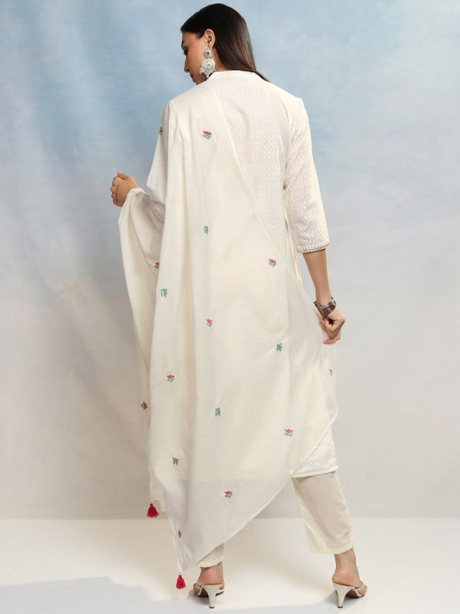 Vishudh Women White Embroidered Kurta With Trouser And Dupatta - White - Image 3
