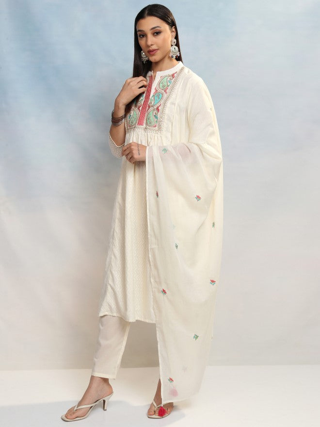 Vishudh Women White Embroidered Kurta With Trouser And Dupatta - White - Image 4