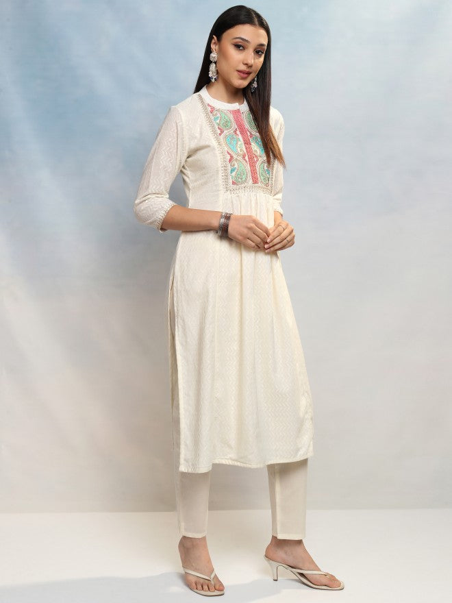 Vishudh Women White Embroidered Kurta With Trouser And Dupatta - White - Image 6