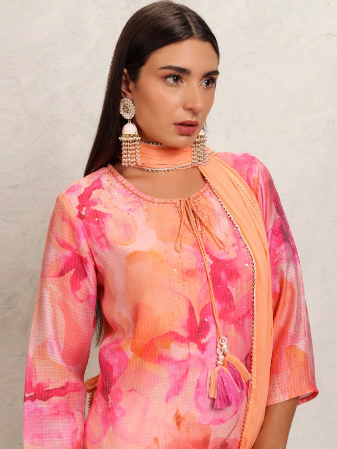 Vishudh Women Orange Printed Kurta With Trouser And Dupatta - Orange - Image 1