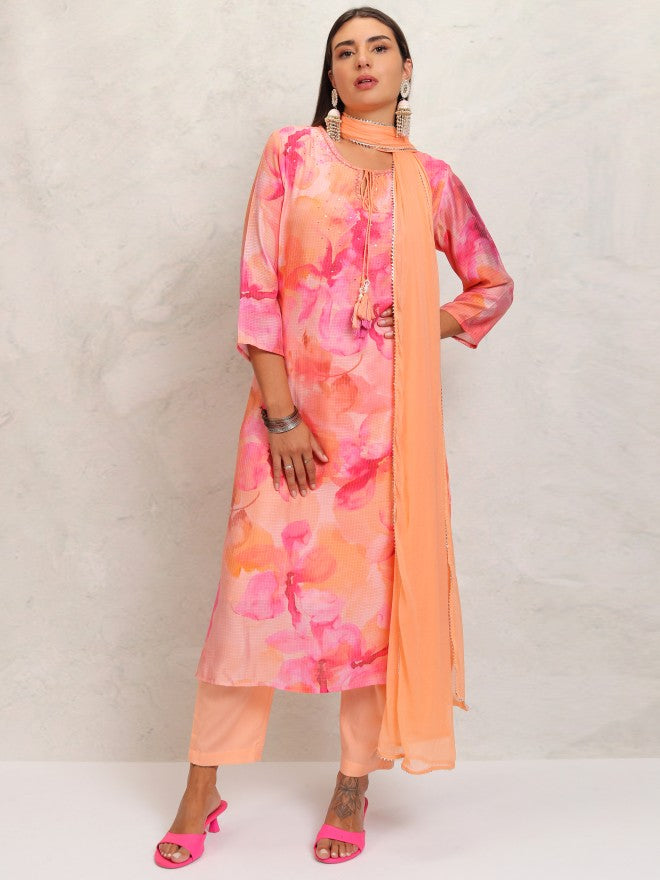 Vishudh Women Orange Printed Kurta With Trouser And Dupatta - Orange - Image 2