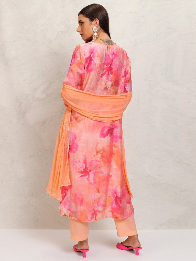 Vishudh Women Orange Printed Kurta With Trouser And Dupatta - Orange - Image 3