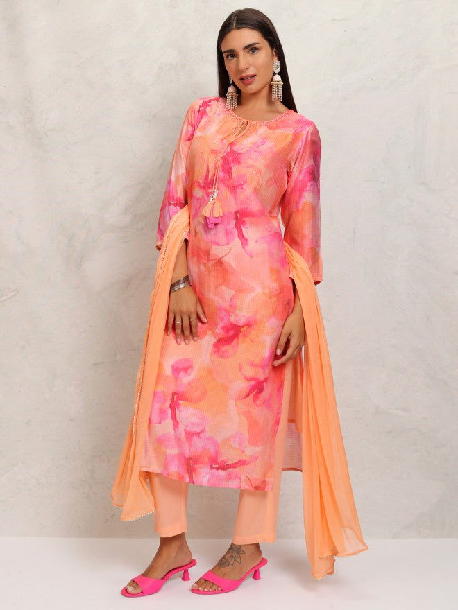 Vishudh Women Orange Printed Kurta With Trouser And Dupatta - Orange - Image 4