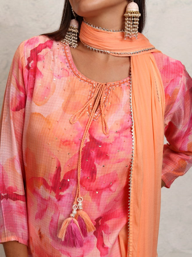 Vishudh Women Orange Printed Kurta With Trouser And Dupatta - Orange - Image 5