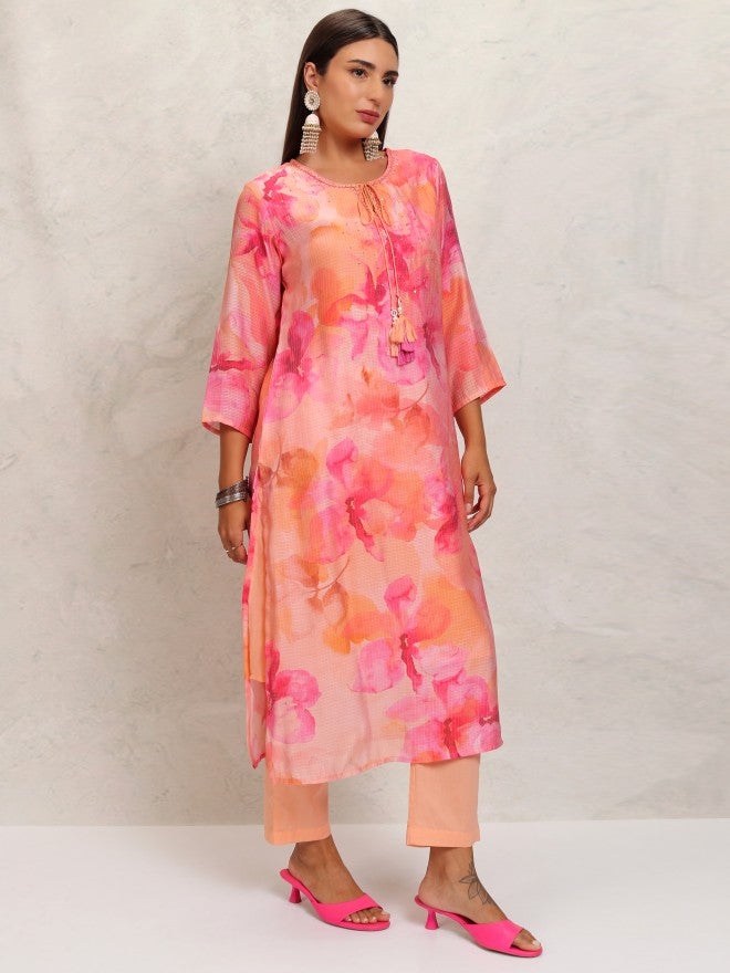 Vishudh Women Orange Printed Kurta With Trouser And Dupatta - Orange - Image 6