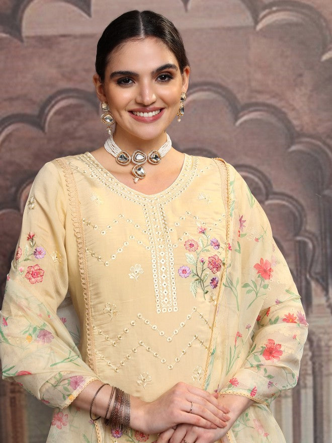 Vishudh Women Yellow Embroidered Kurta With Trouser And Dupatta - Yellow - Image 1