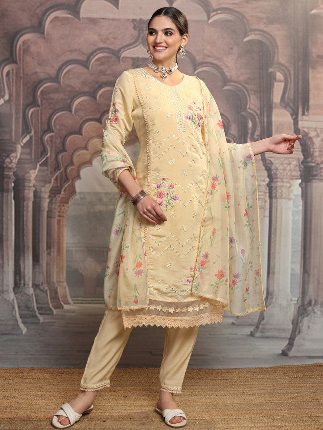 Vishudh Women Yellow Embroidered Kurta With Trouser And Dupatta - Yellow - Image 2