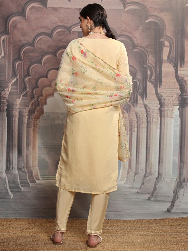 Vishudh Women Yellow Embroidered Kurta With Trouser And Dupatta - Yellow - Image 3