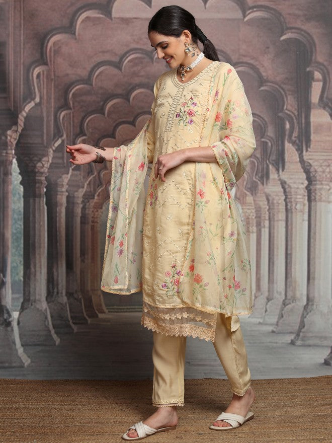 Vishudh Women Yellow Embroidered Kurta With Trouser And Dupatta - Yellow - Image 4