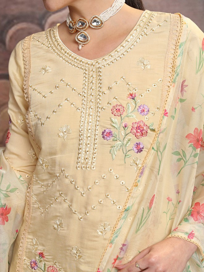 Vishudh Women Yellow Embroidered Kurta With Trouser And Dupatta - Yellow - Image 5