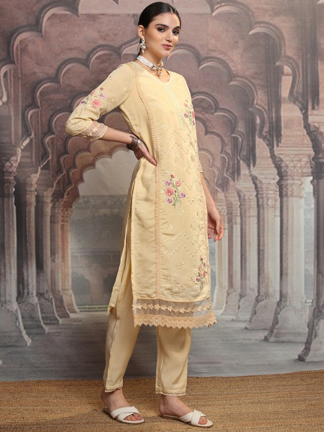 Vishudh Women Yellow Embroidered Kurta With Trouser And Dupatta - Yellow - Image 6