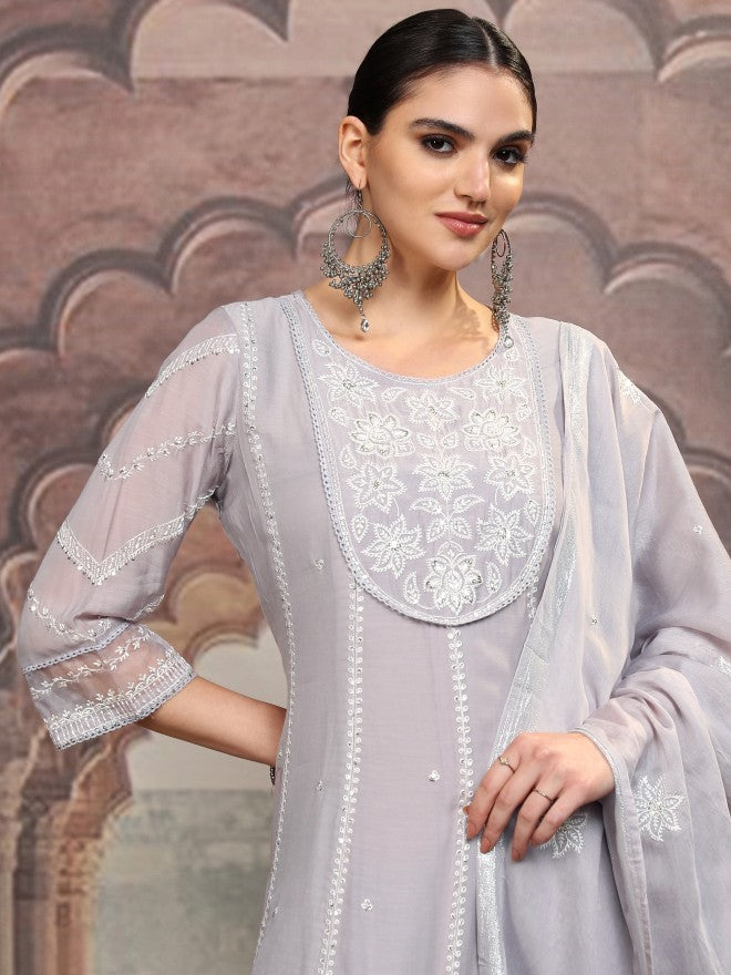 Vishudh Women Purple Embroidered Kurta With Trouser And Dupatta - Purple - Image 1