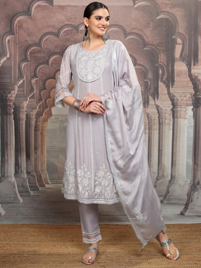 Vishudh Women Purple Embroidered Kurta With Trouser And Dupatta - Purple - Image 2