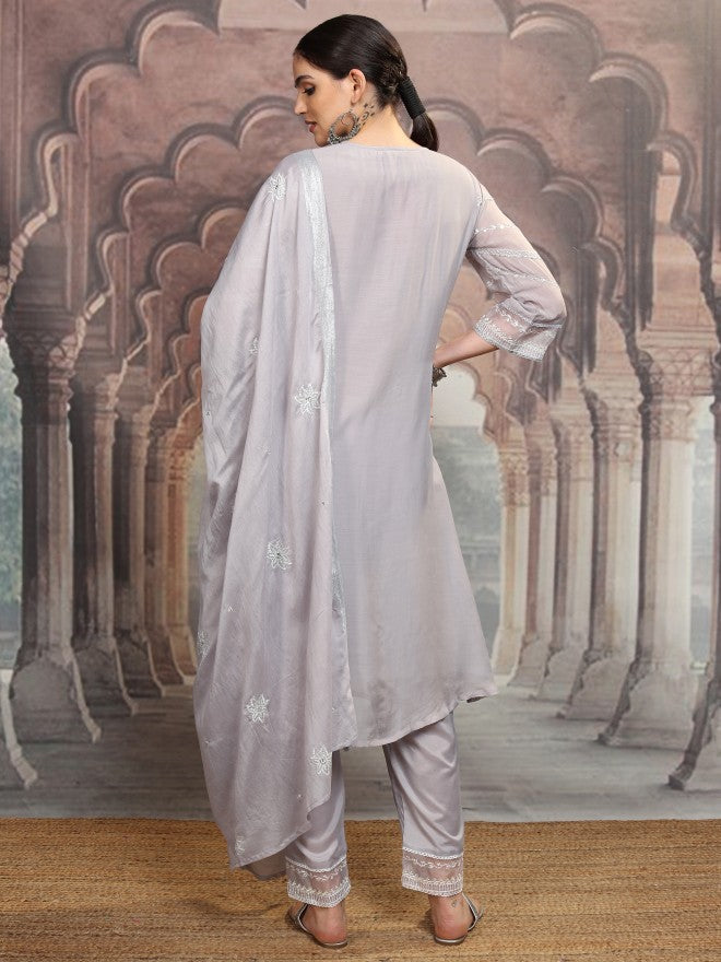 Vishudh Women Purple Embroidered Kurta With Trouser And Dupatta - Purple - Image 3