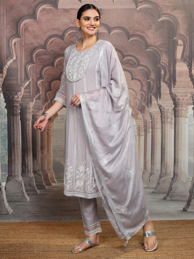 Vishudh Women Purple Embroidered Kurta With Trouser And Dupatta - Purple - Image 4