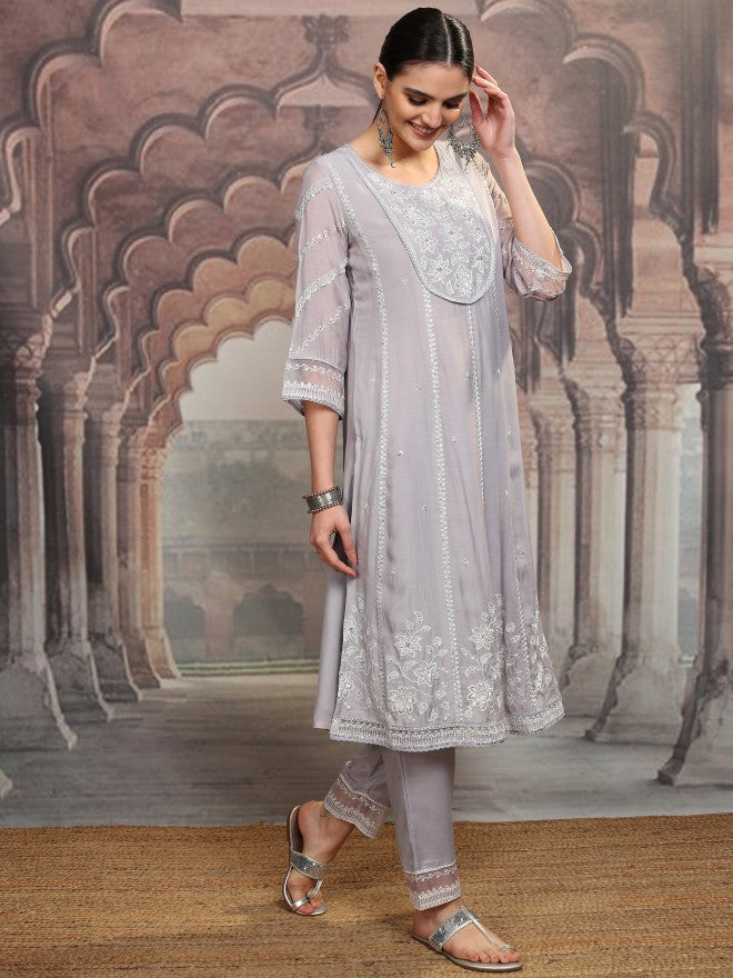 Vishudh Women Purple Embroidered Kurta With Trouser And Dupatta - Purple - Image 6