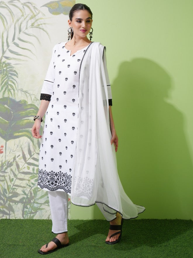 Vishudh Women White Embroidered Kurta With Trouser And Dupatta - White - Image 2