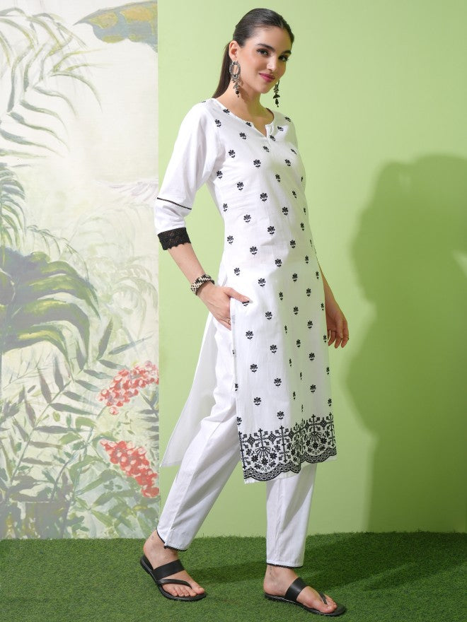 Vishudh Women White Embroidered Kurta With Trouser And Dupatta - White - Image 4