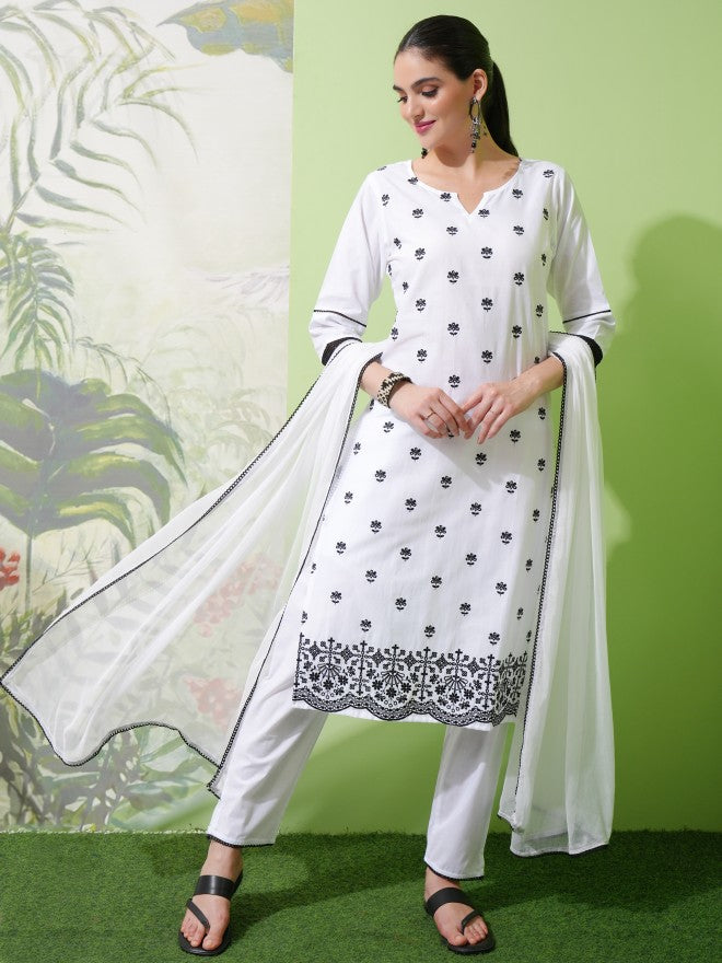 Vishudh Women White Embroidered Kurta With Trouser And Dupatta - White - Image 8