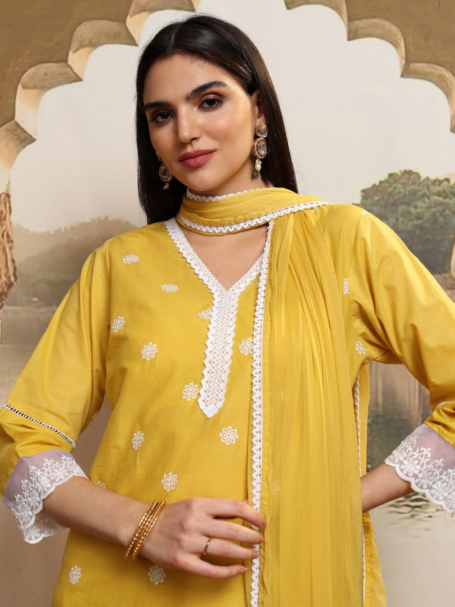 Vishudh Women Mustard Embroidered Kurta With Trouser And Dupatta - Mustard - Image 1