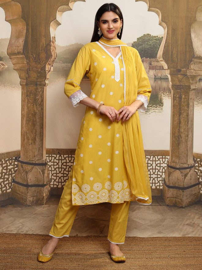 Vishudh Women Mustard Embroidered Kurta With Trouser And Dupatta - Mustard - Image 2