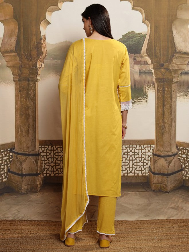 Vishudh Women Mustard Embroidered Kurta With Trouser And Dupatta - Mustard - Image 3