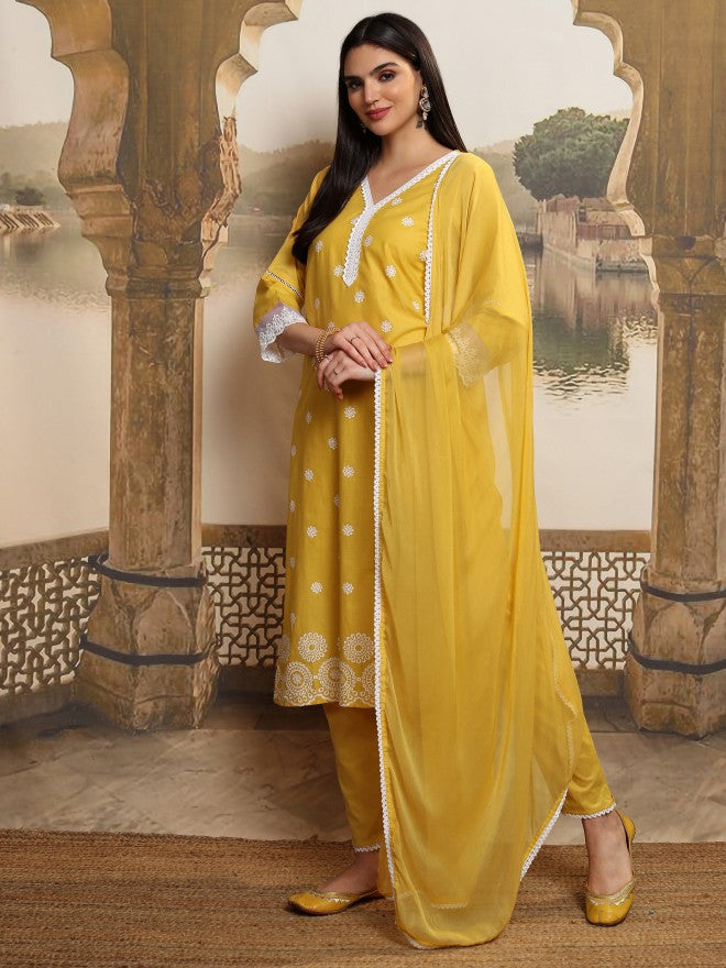 Vishudh Women Mustard Embroidered Kurta With Trouser And Dupatta - Mustard - Image 4