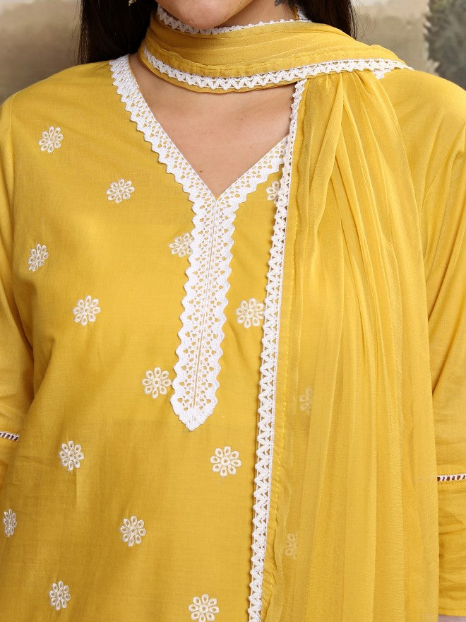 Vishudh Women Mustard Embroidered Kurta With Trouser And Dupatta - Mustard - Image 5