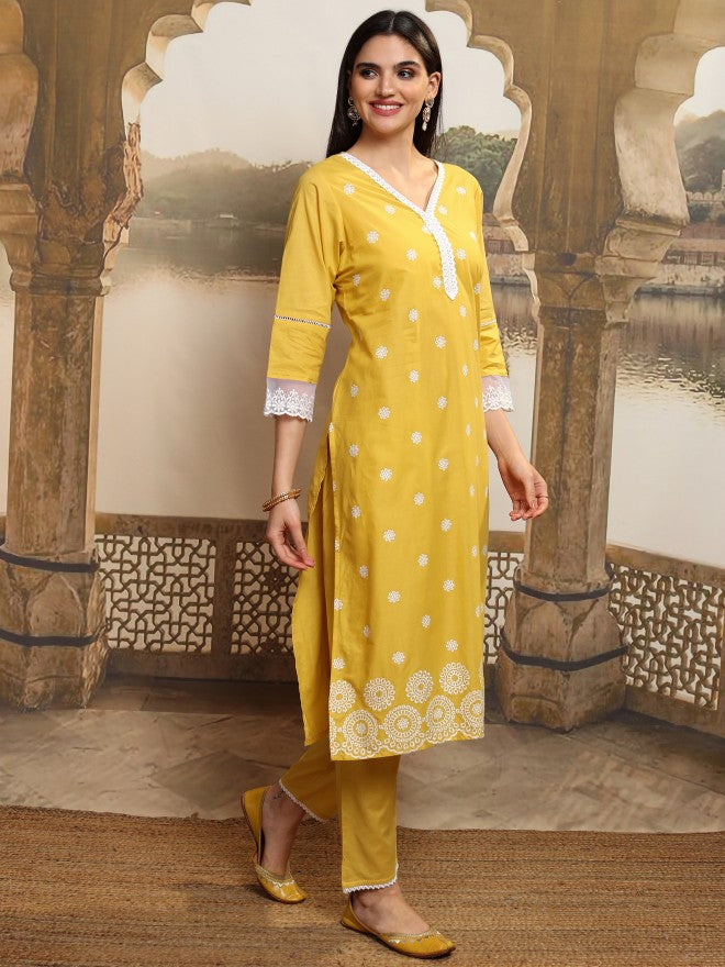Vishudh Women Mustard Embroidered Kurta With Trouser And Dupatta - Mustard - Image 6