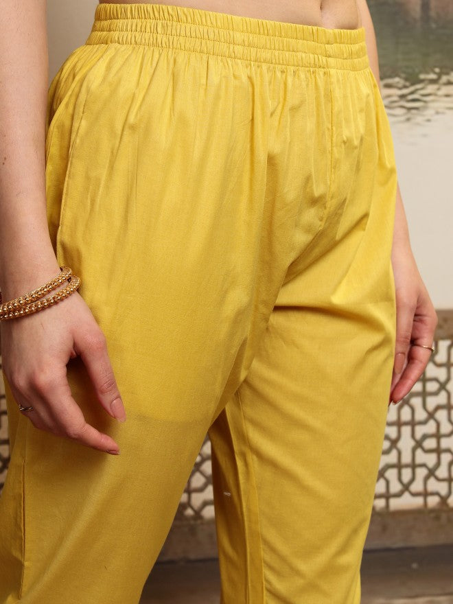 Vishudh Women Mustard Embroidered Kurta With Trouser And Dupatta - Mustard - Image 8