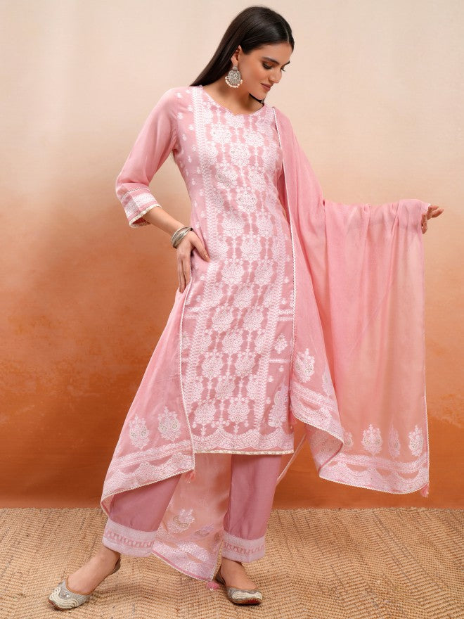 Vishudh Women Pink Embroidered Kurta With Trouser And Dupatta - Pink - Image 2