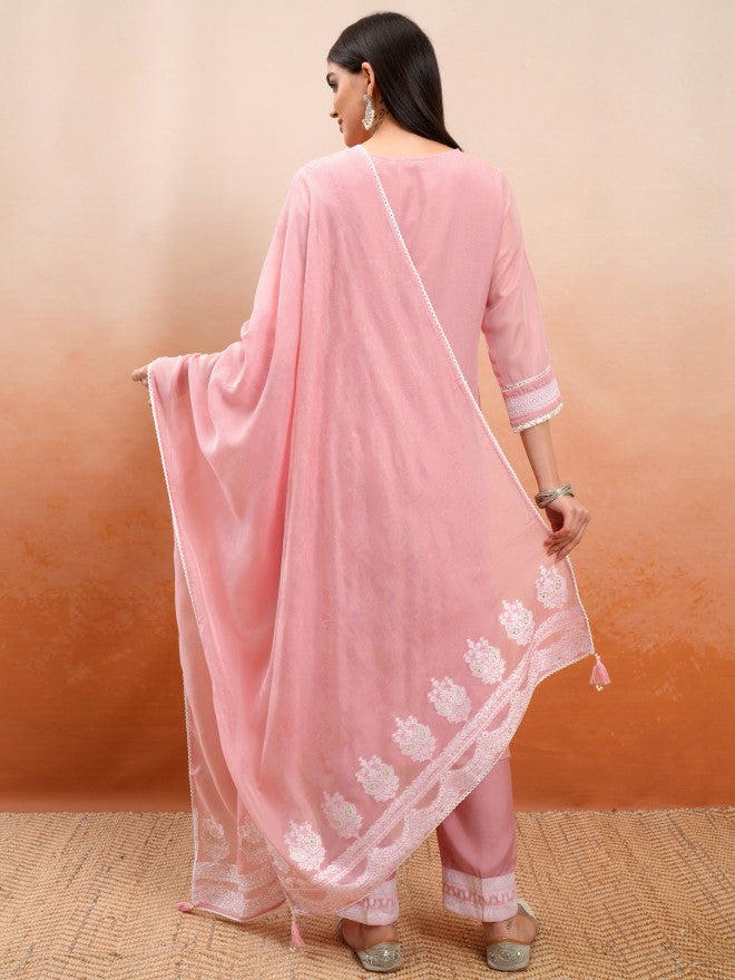 Vishudh Women Pink Embroidered Kurta With Trouser And Dupatta - Pink - Image 3