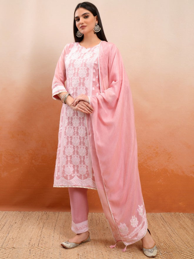 Vishudh Women Pink Embroidered Kurta With Trouser And Dupatta - Pink - Image 4