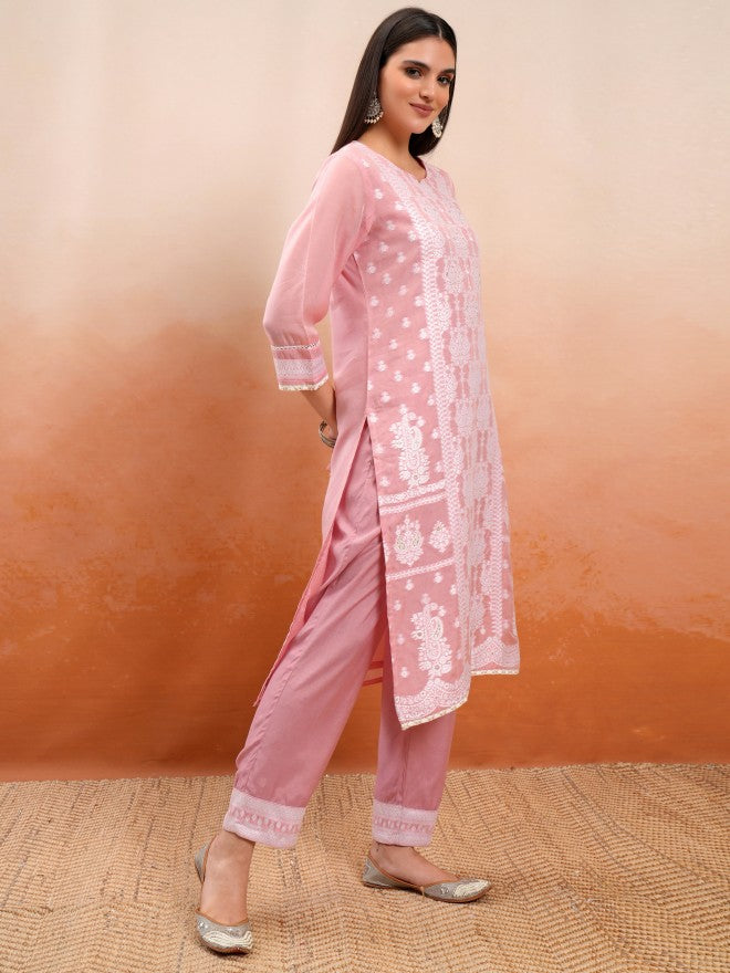 Vishudh Women Pink Embroidered Kurta With Trouser And Dupatta - Pink - Image 6
