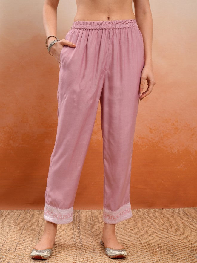 Vishudh Women Pink Embroidered Kurta With Trouser And Dupatta - Pink - Image 7