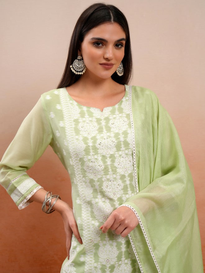 Vishudh Women Green Embroidered Kurta With Trouser And Dupatta - Green - Image 1