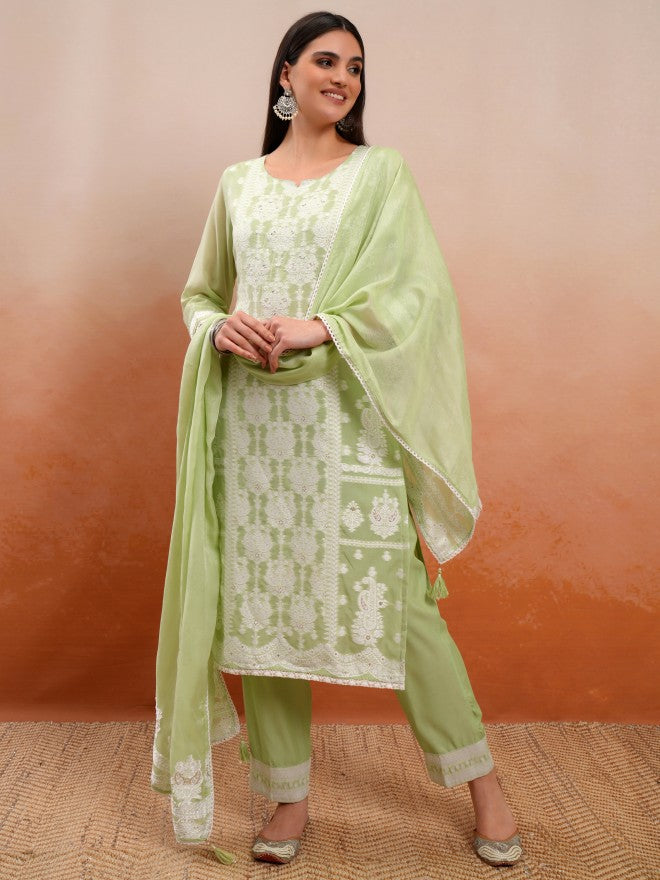 Vishudh Women Green Embroidered Kurta With Trouser And Dupatta - Green - Image 2