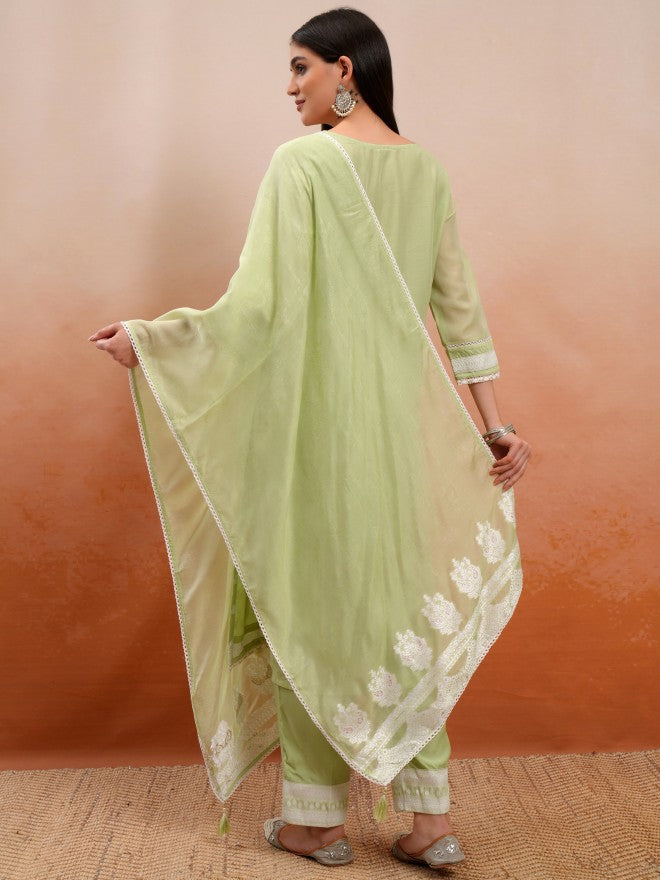 Vishudh Women Green Embroidered Kurta With Trouser And Dupatta - Green - Image 3