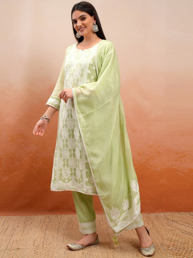 Vishudh Women Green Embroidered Kurta With Trouser And Dupatta - Green - Image 4