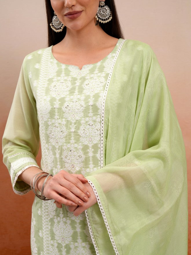 Vishudh Women Green Embroidered Kurta With Trouser And Dupatta - Green - Image 5